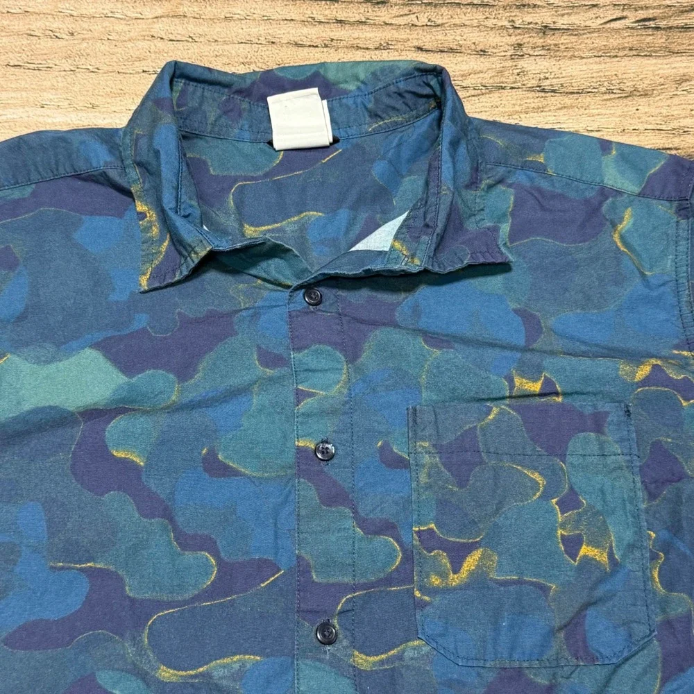 The North Face Button Down Shirt Mens XL Blue Camo Short Sleeve Cotton Outdoor